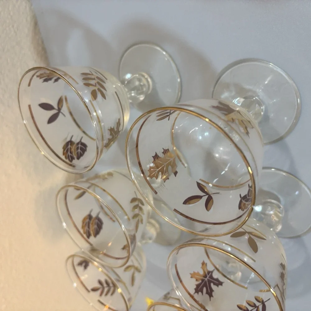 6 Libbey Gold Leaf MCM Frosted Cordial Glasses Set Barware Vintage Collectible